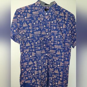 J. Crew blue w/ ships short sleeve button up shirt size large